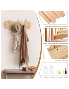 Perchero de Madera Ufine Plegable 6 Ganchos Montado en Pared 2