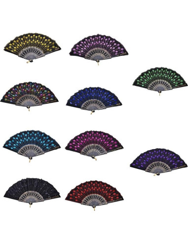 10 Abanicos Plegables Winture Pavo Real Bordado 23 cm