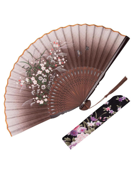 Abanico Plegable de Lino Marrón JOHOUSE 21 cm con Funda