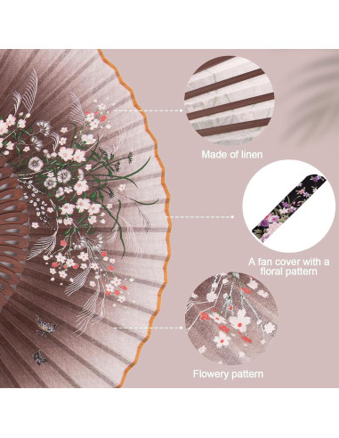 Abanico Plegable de Lino Marrón JOHOUSE 21 cm con Funda