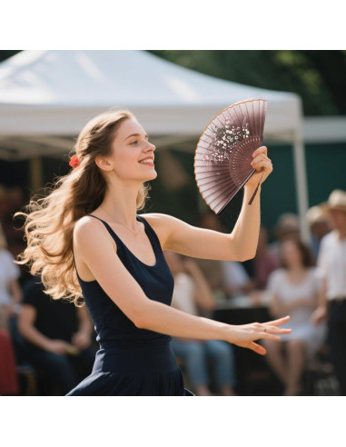 Abanico Plegable de Lino Marrón JOHOUSE 21 cm con Funda