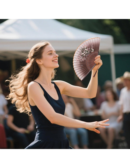 Abanico Plegable de Lino Marrón JOHOUSE 21 cm con Funda