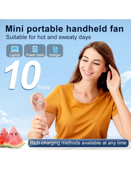Ventilador de Mano QQT 2024 Portátil Recargable 3 Velocidades Rosa