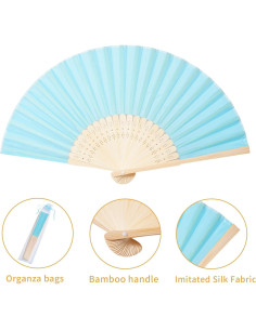 Abanicos de Mano Azul 50pcs Tela Bambú con Bolsas Organza 2