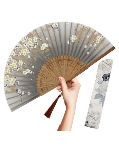 Abanico Plegable OMyTea Sakura Gris - Seda y Bambú 21x38cm