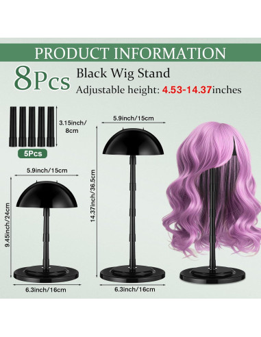 Soporte de Peluca Ajustable Shimeyao 8 Pcs Negro 11.5-36.4 cm