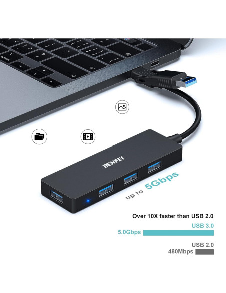 Hub USB 3.0 BENFEI 4 Puertos Tipo-C y Tipo-A Negro