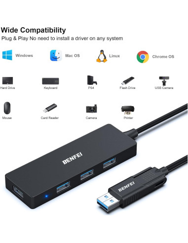 Hub USB 3.0 BENFEI 4 Puertos Tipo-C y Tipo-A Negro
