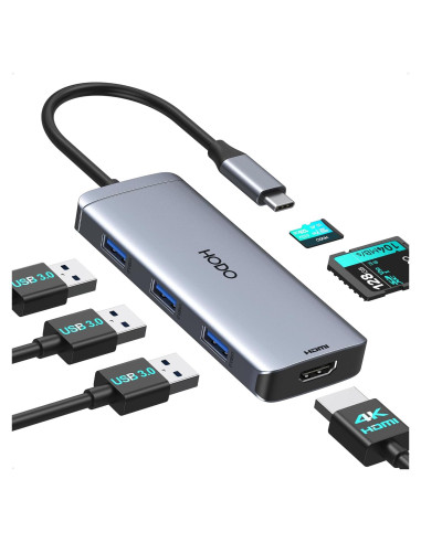 Adaptador Hub USB C HODO 6 en 1 HDMI 4K y 3 USB 3.0
