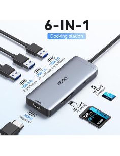 Adaptador Hub USB C HODO 6 en 1 HDMI 4K y 3 USB 3.0 2