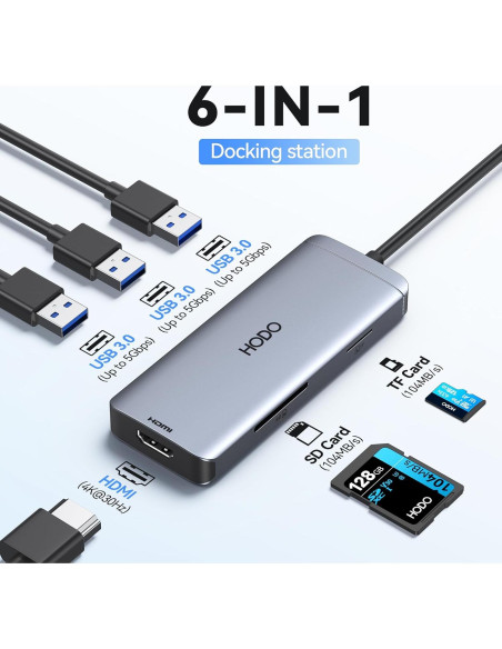 Adaptador Hub USB C HODO 6 en 1 HDMI 4K y 3 USB 3.0