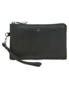 Cartera de muñeca de cuero real Wise Owl Nappa negro 21.6x14cm