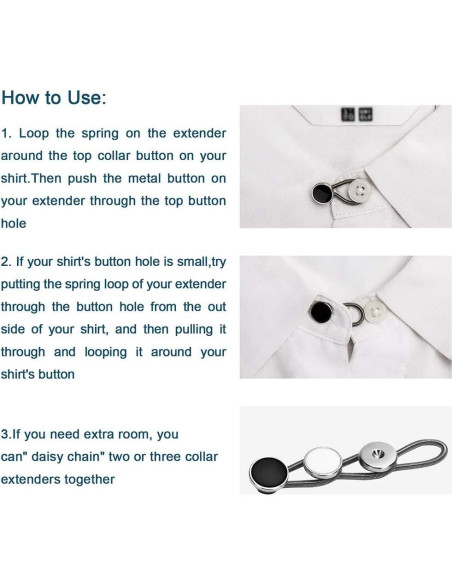 12 Extensores de Cuello Premium para Camisas - Negro, Blanco, Plata