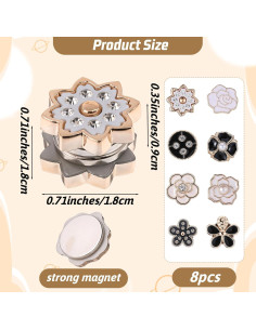 8 Alfileres de Hijab Ptwola Sin Pinchos Flor Metal Negro/Blanco 2