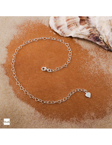 Tobillera de Plata Esterlina 925 Amberta Corazones 25 cm