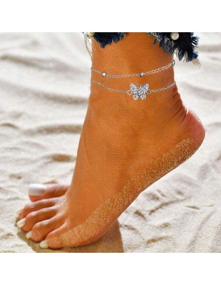 Pulsera de Tobillo Ajustable Plata 14K Mariposa Tengyue Pulsera de Tobillo Ajustable Plata 14K Mariposa Tengyue
