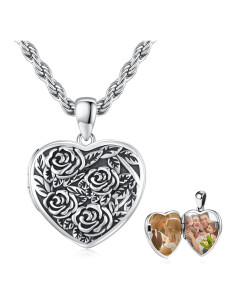 Collar Locket de Plata Esterlina 925 Corazón Rosa 20mm