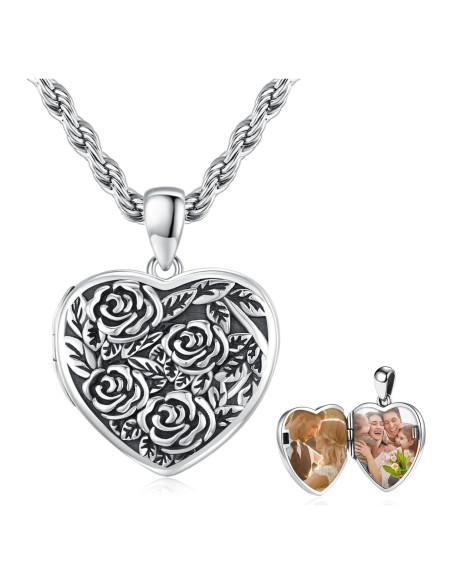 Collar Locket de Plata Esterlina 925 Corazón Rosa 20mm Collar Locket de Plata Esterlina 925 Corazón Rosa 20mm