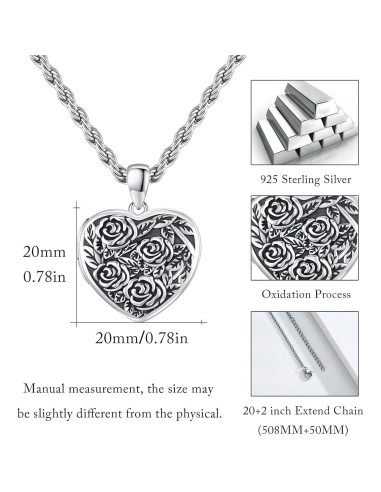 Collar Locket de Plata Esterlina 925 Corazón Rosa 20mm