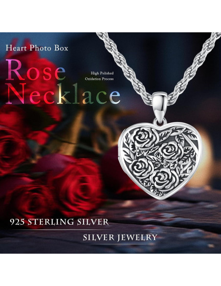 Collar Locket de Plata Esterlina 925 Corazón Rosa 20mm Collar Locket de Plata Esterlina 925 Corazón Rosa 20mm