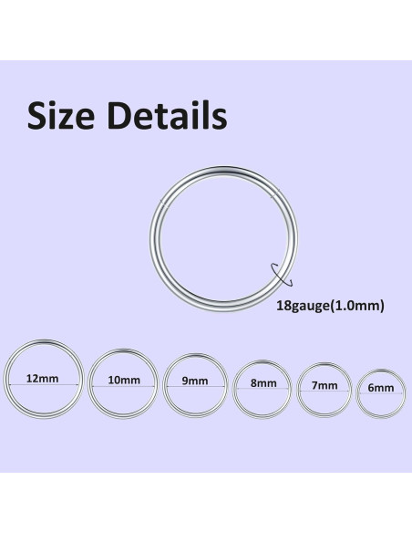 12 Aros Nasales 316L Acero Quirúrgico Plata 6-12mm 18G