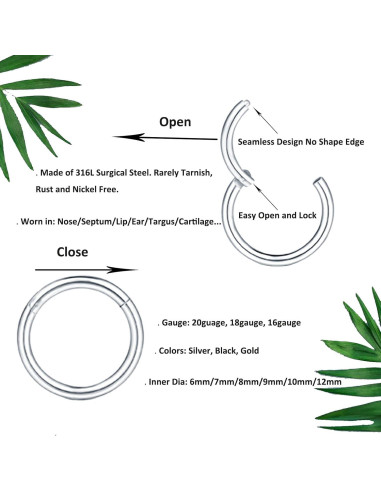 12 Aros Nasales 316L Acero Quirúrgico Plata 6-12mm 18G