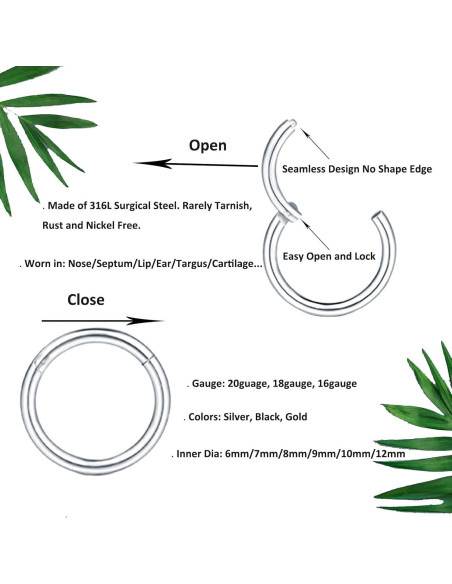 12 Aros Nasales 316L Acero Quirúrgico Plata 6-12mm 18G