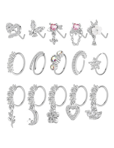 15PCS Anillos de Nariz Vegolita 20G Acero Inoxidable Mujeres