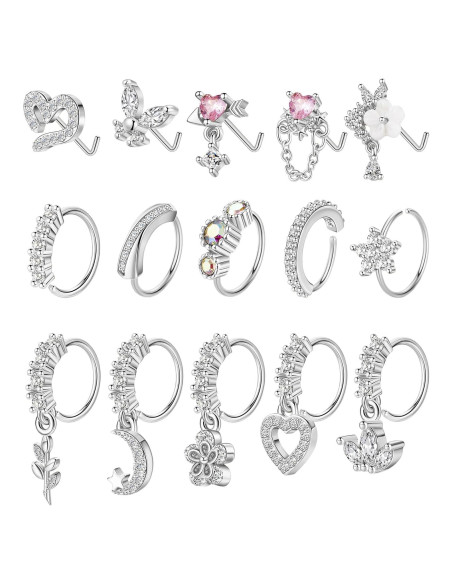 15PCS Anillos de Nariz Vegolita 20G Acero Inoxidable Mujeres