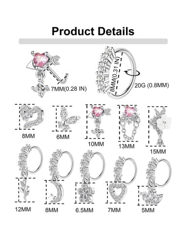 15PCS Anillos de Nariz Vegolita 20G Acero Inoxidable Mujeres