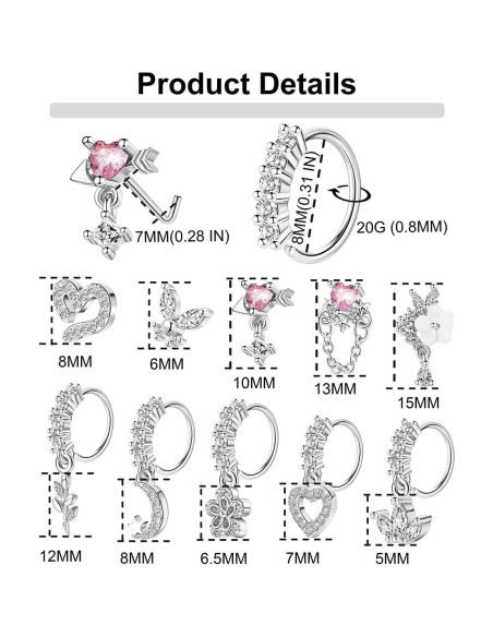 15PCS Anillos de Nariz Vegolita 20G Acero Inoxidable Mujeres