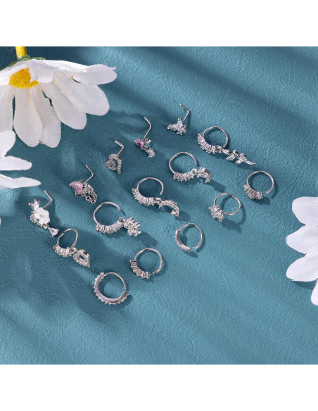 15PCS Anillos de Nariz Vegolita 20G Acero Inoxidable Mujeres