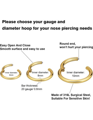 Anillos de Nariz Acero Inoxidable 20G 6-10mm Dorado - 3 Piezas