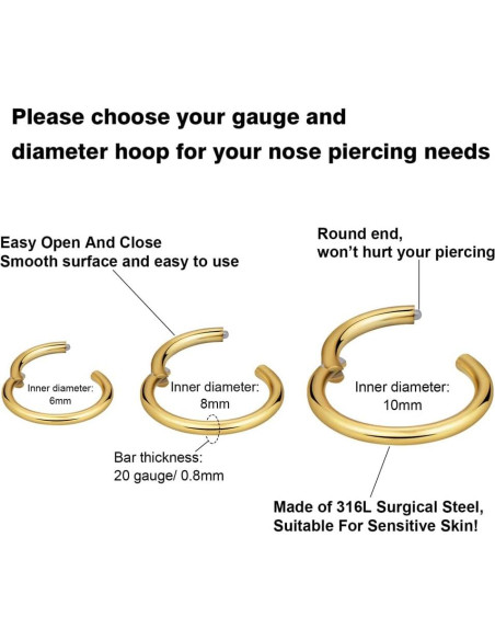 Anillos de Nariz Acero Inoxidable 20G 6-10mm Dorado - 3 Piezas