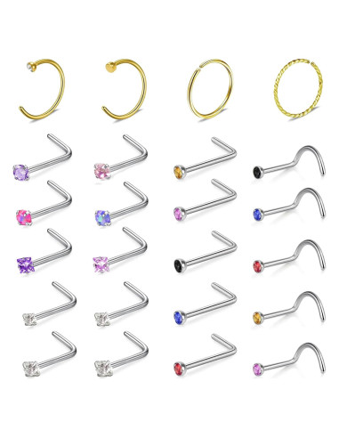 24 Piezas Aros y Studs de Nariz Dorados Acero Inoxidable 20G