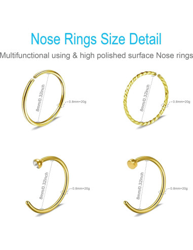 24 Piezas Aros y Studs de Nariz Dorados Acero Inoxidable 20G