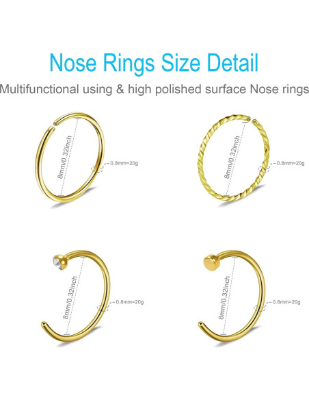 24 Piezas Aros y Studs de Nariz Dorados Acero Inoxidable 20G