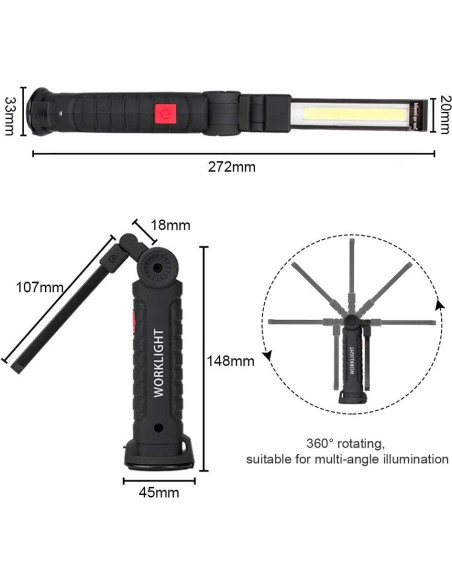 2Pack Luces de Trabajo LED Recargables USB con Base Magnética