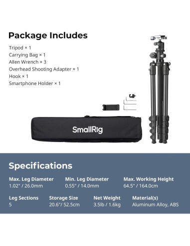 Trípode Horizontal SmallRig CT25 164cm para Cámara y Smartphone