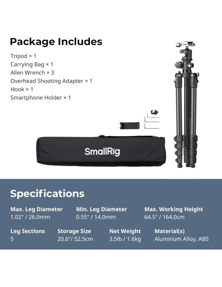 Trípode Horizontal SmallRig CT25 164cm para Cámara y Smartphone