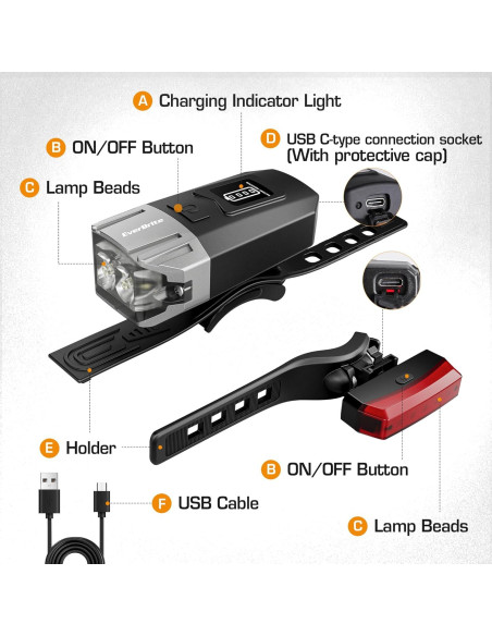 Luces Recargables para Bicicleta EverBrite - Delantera y Trasera, 9 Modos, Impermeables