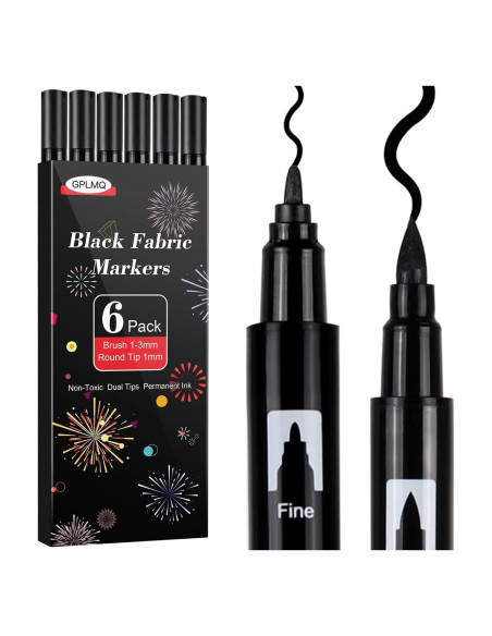 Marcadores de Tela Negros GPLMQ - Doble Punta 1-3mm, 6 Unidades