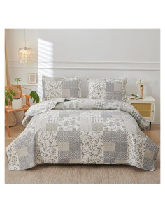 Colcha King Green Essen Cuadros Florales Gris y Blanco 3 Piezas