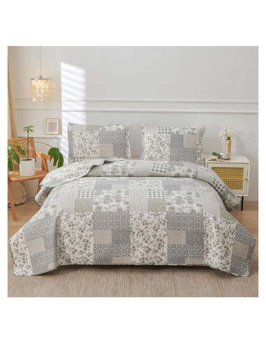 Colcha King Green Essen Cuadros Florales Gris y Blanco 3 Piezas