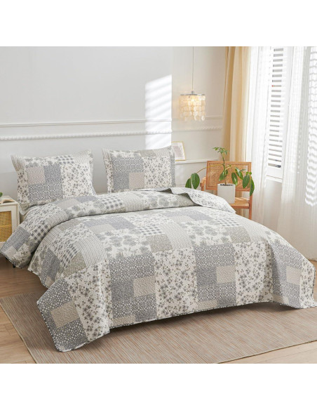 Colcha King Green Essen Cuadros Florales Gris y Blanco 3 Piezas