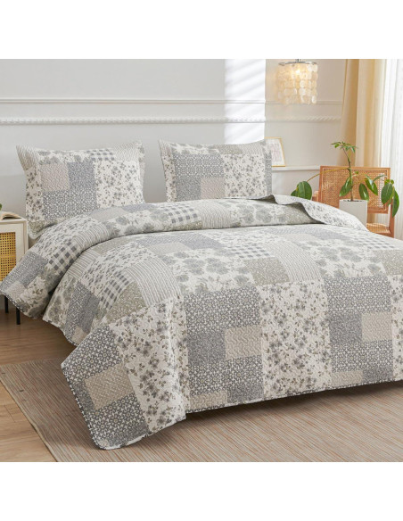 Colcha King Green Essen Cuadros Florales Gris y Blanco 3 Piezas