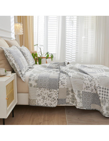 Colcha King Green Essen Cuadros Florales Gris y Blanco 3 Piezas