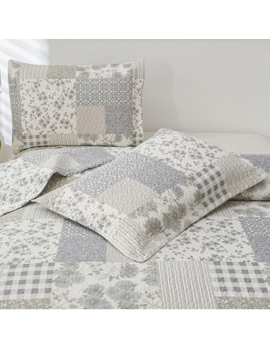 Colcha King Green Essen Cuadros Florales Gris y Blanco 3 Piezas