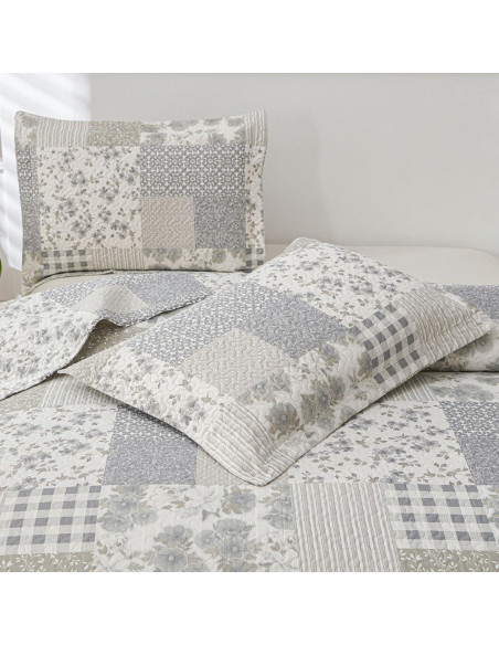 Colcha King Green Essen Cuadros Florales Gris y Blanco 3 Piezas