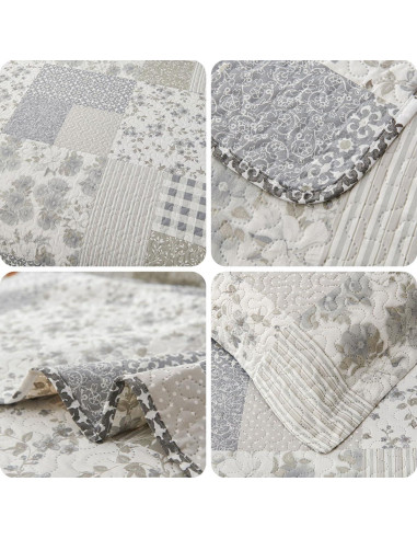 Colcha King Green Essen Cuadros Florales Gris y Blanco 3 Piezas